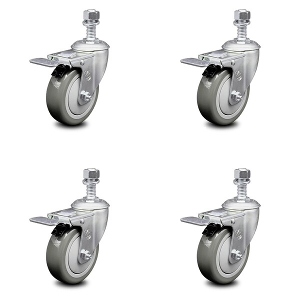 4 Inch Gray Polyurethane Swivel 12mm Stem Caster Set with Total Lock Brake